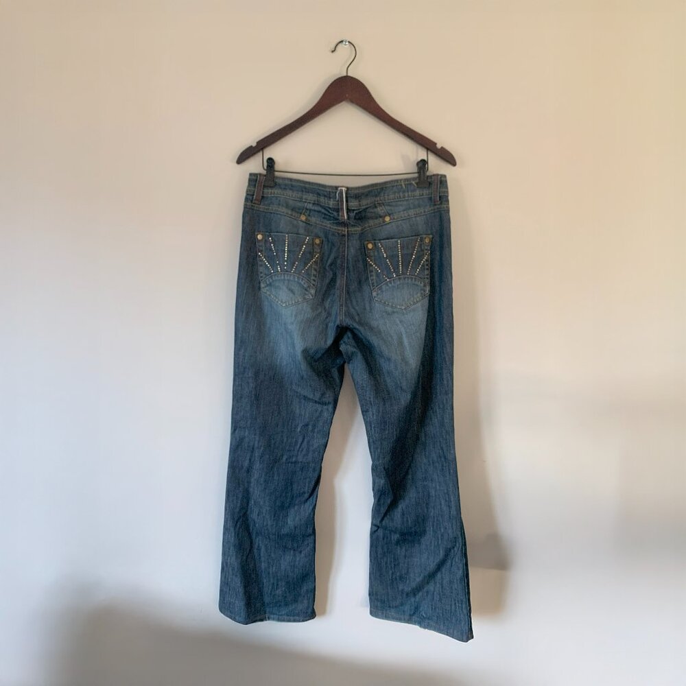 Blue Back Pockets Rhinestones Bootcut Denim Jeans